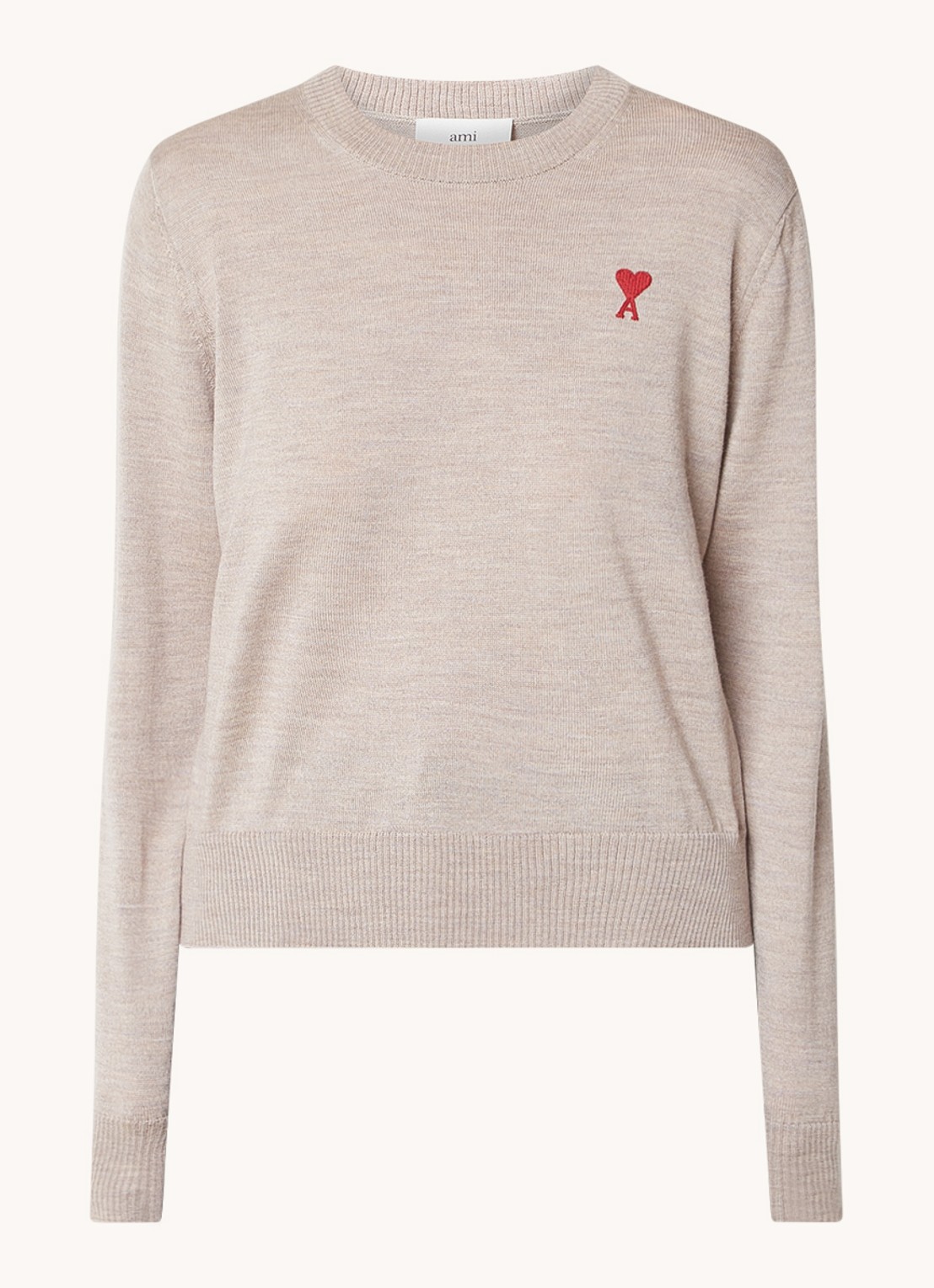 AMI Paris Fijngebreide pullover van wol met logo - voorkant donkerbeige