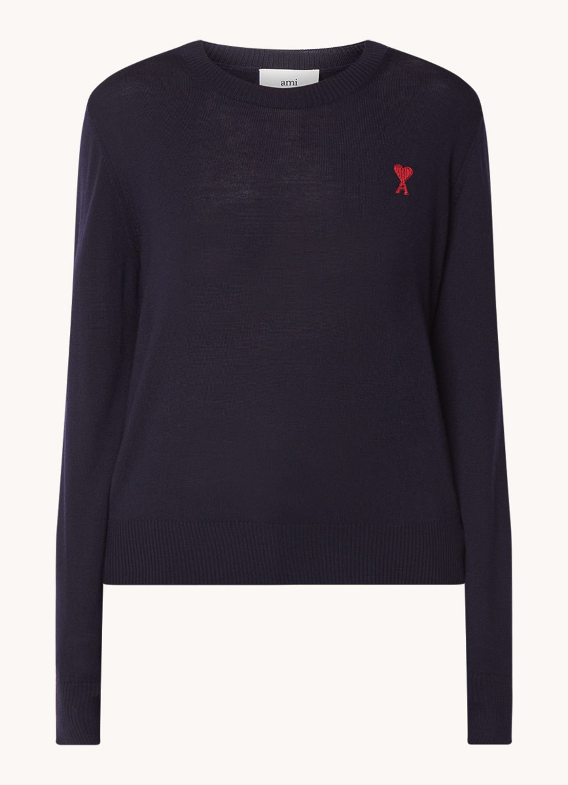 AMI Paris Fijngebreide pullover van wol met logo - voorkant donkerblauw