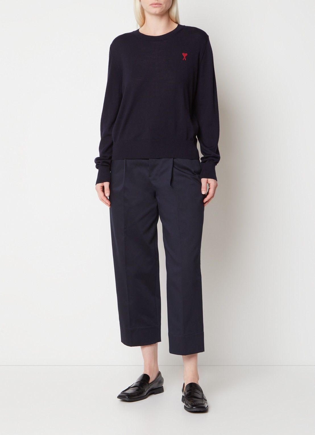 AMI Paris Fijngebreide pullover van wol met logo - voorkant 2 donkerblauw