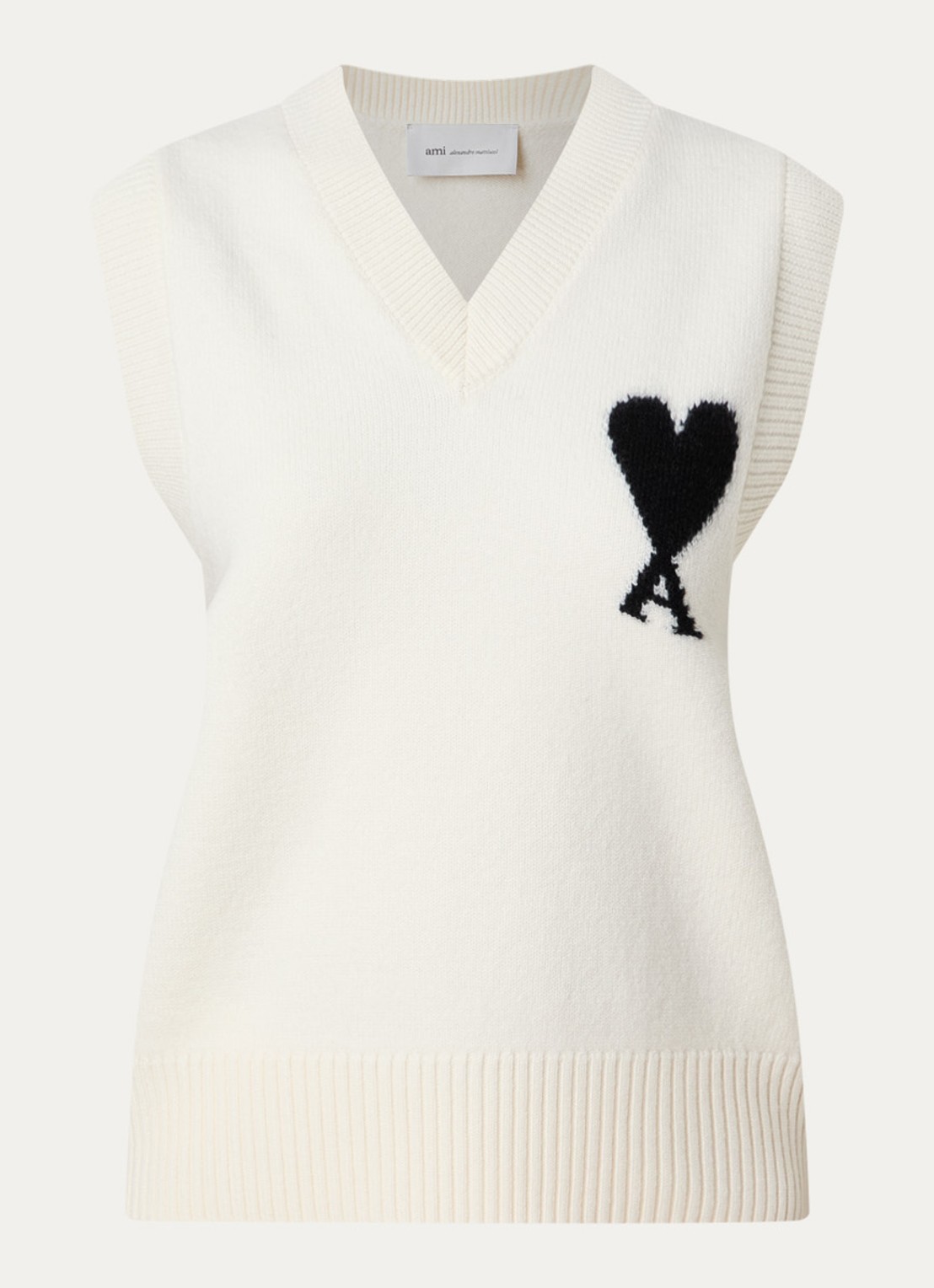 AMI Paris Fijngebreide spencer van wol met logo - voorkant 4 creme