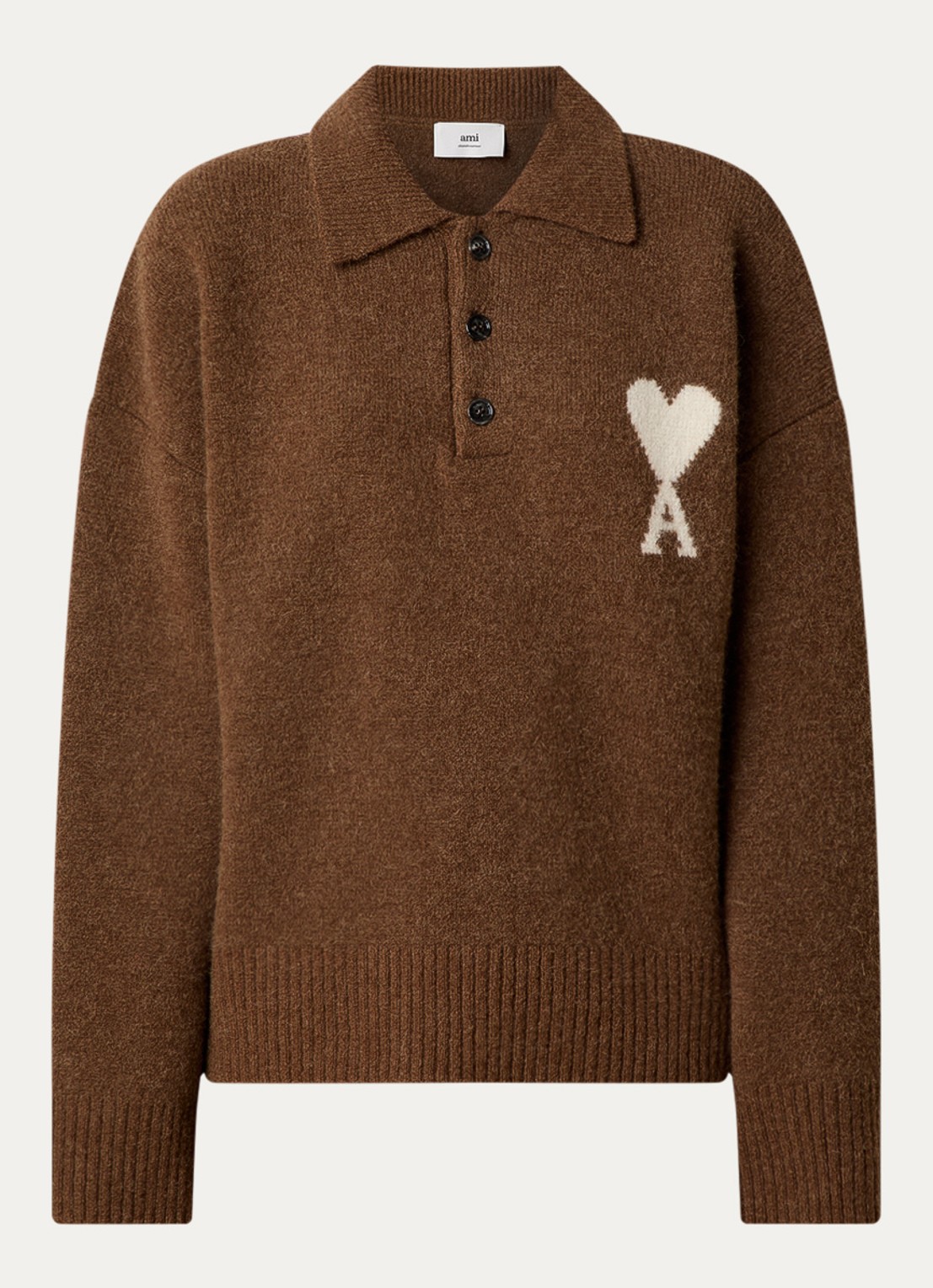 AMI Paris Fijngebreide trui in alpaca wolblend met logo - voorkant bruin