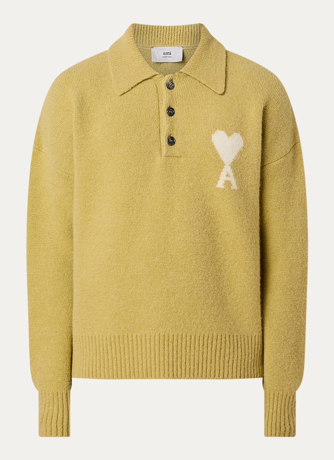 AMI Paris Fijngebreide trui in alpaca wolblend met polokraag en ingebreid logo - voorkant 2 geel