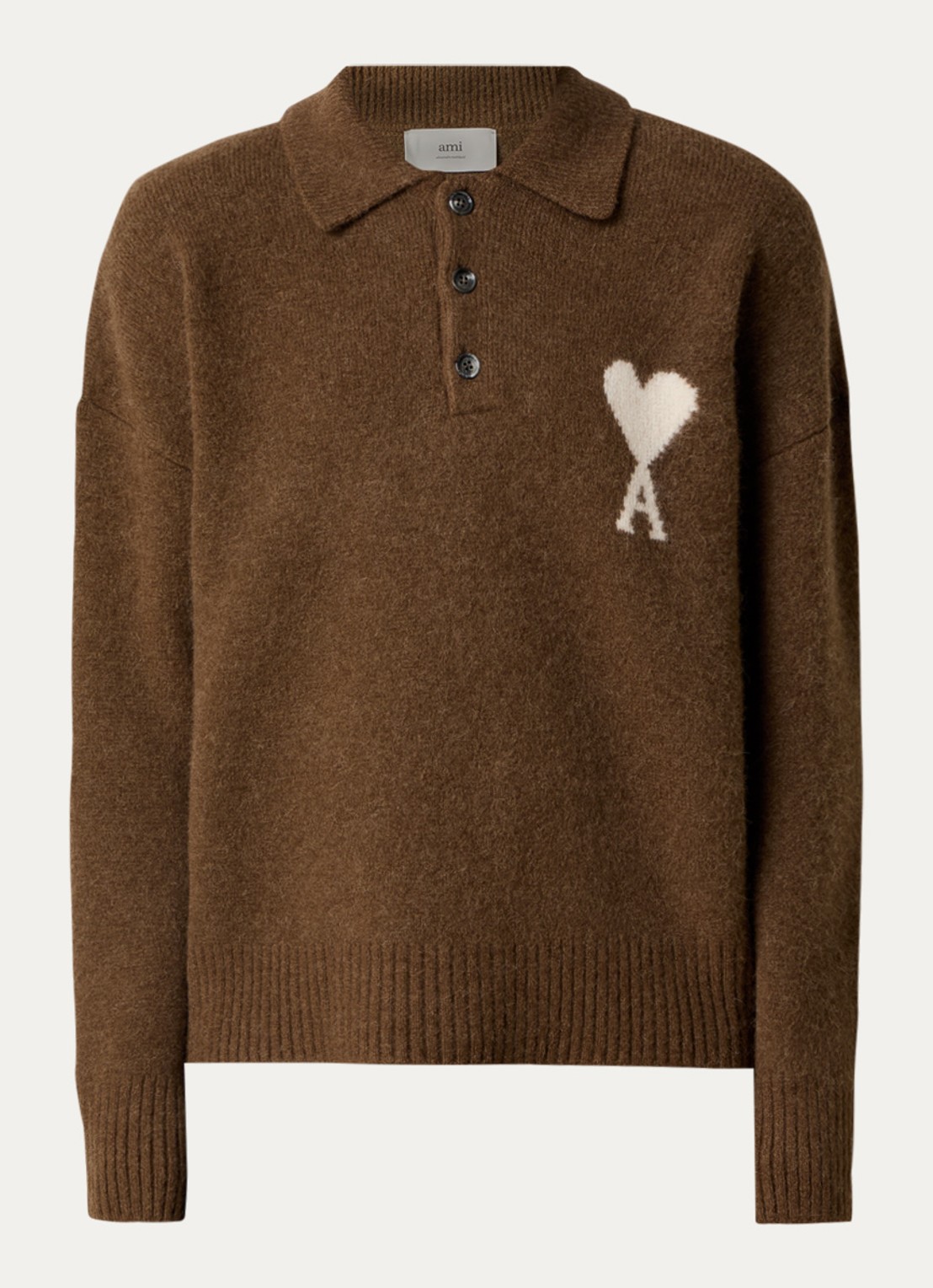 AMI Paris Fijngebreide trui in alpaca wolblend met polokraag en ingebreid logo - voorkant bruin