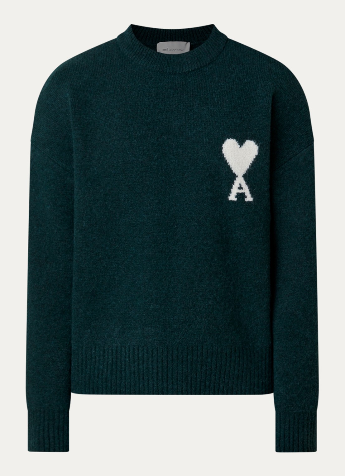 AMI Paris Fijngebreide trui van wol met logoprint - voorkant groen