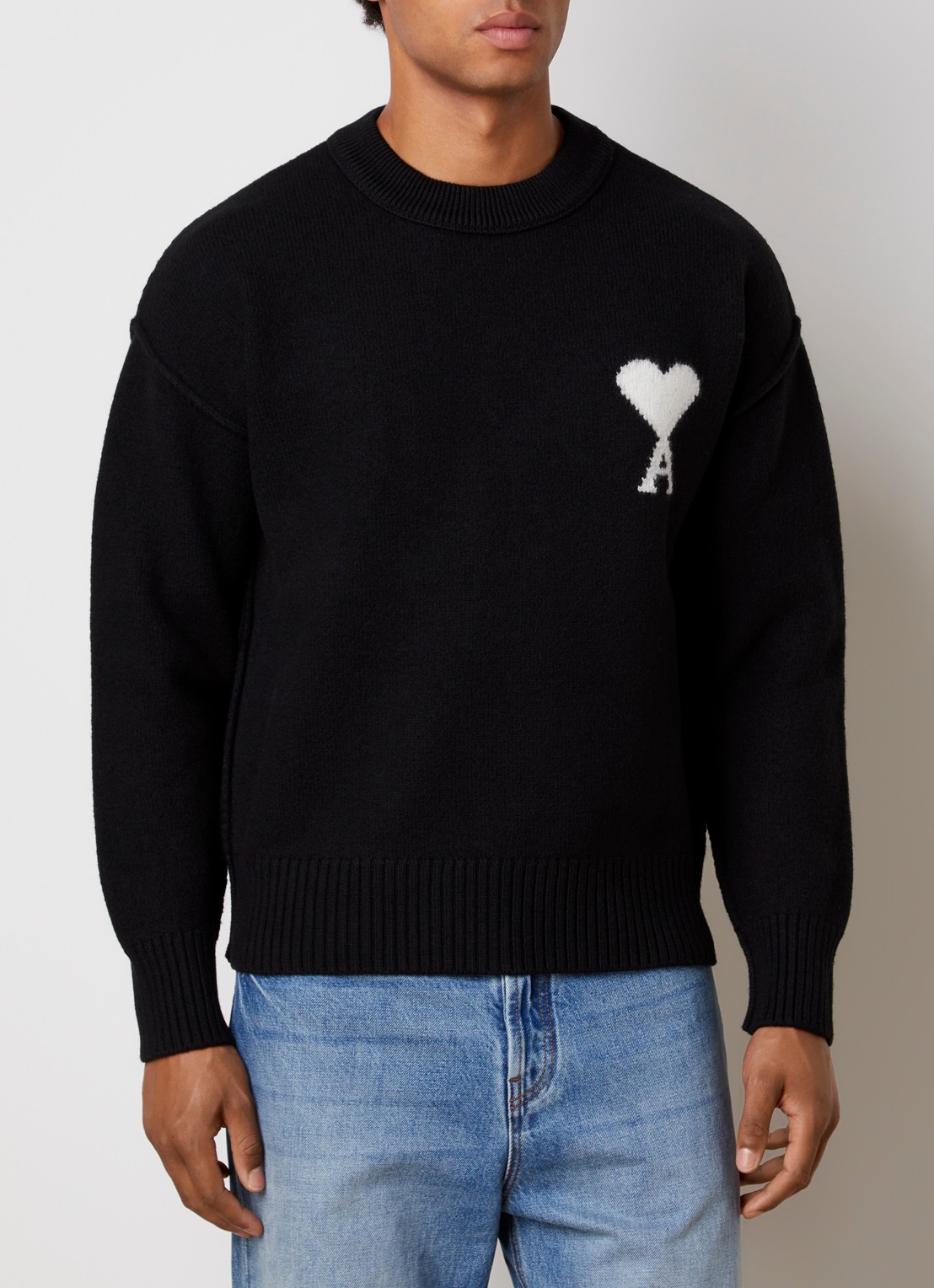 AMI Paris Fijngebreide trui van wol met logoprint - detail 4 zwart