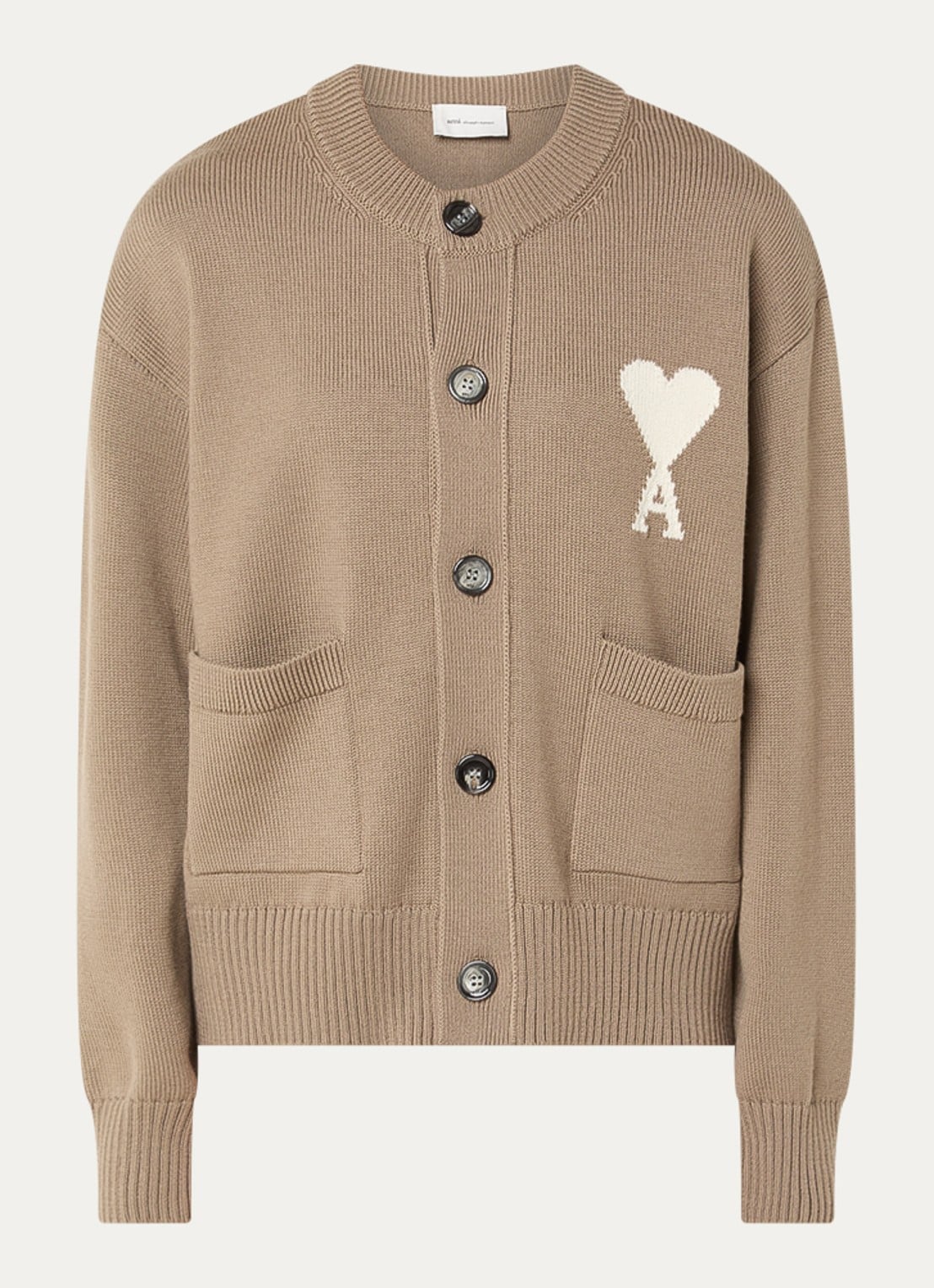 AMI Paris Grofgebreid vest in wolblend met ingebreid logo - voorkant zand