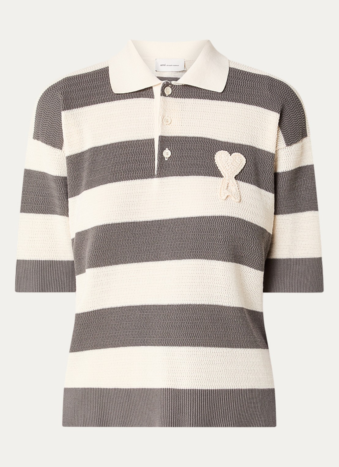 AMI Paris Grofgebreide polo met streepprint en logo - voorkant grijs