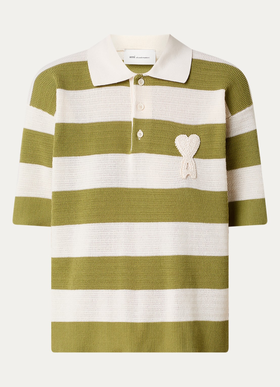 AMI Paris Grofgebreide polo met streepprint en logo - voorkant 3 mosgroen