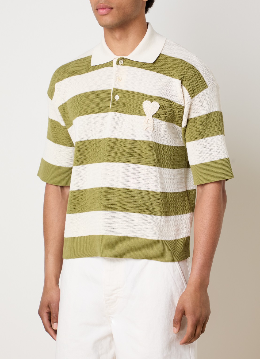 AMI Paris Grofgebreide polo met streepprint en logo - detail 8 mosgroen