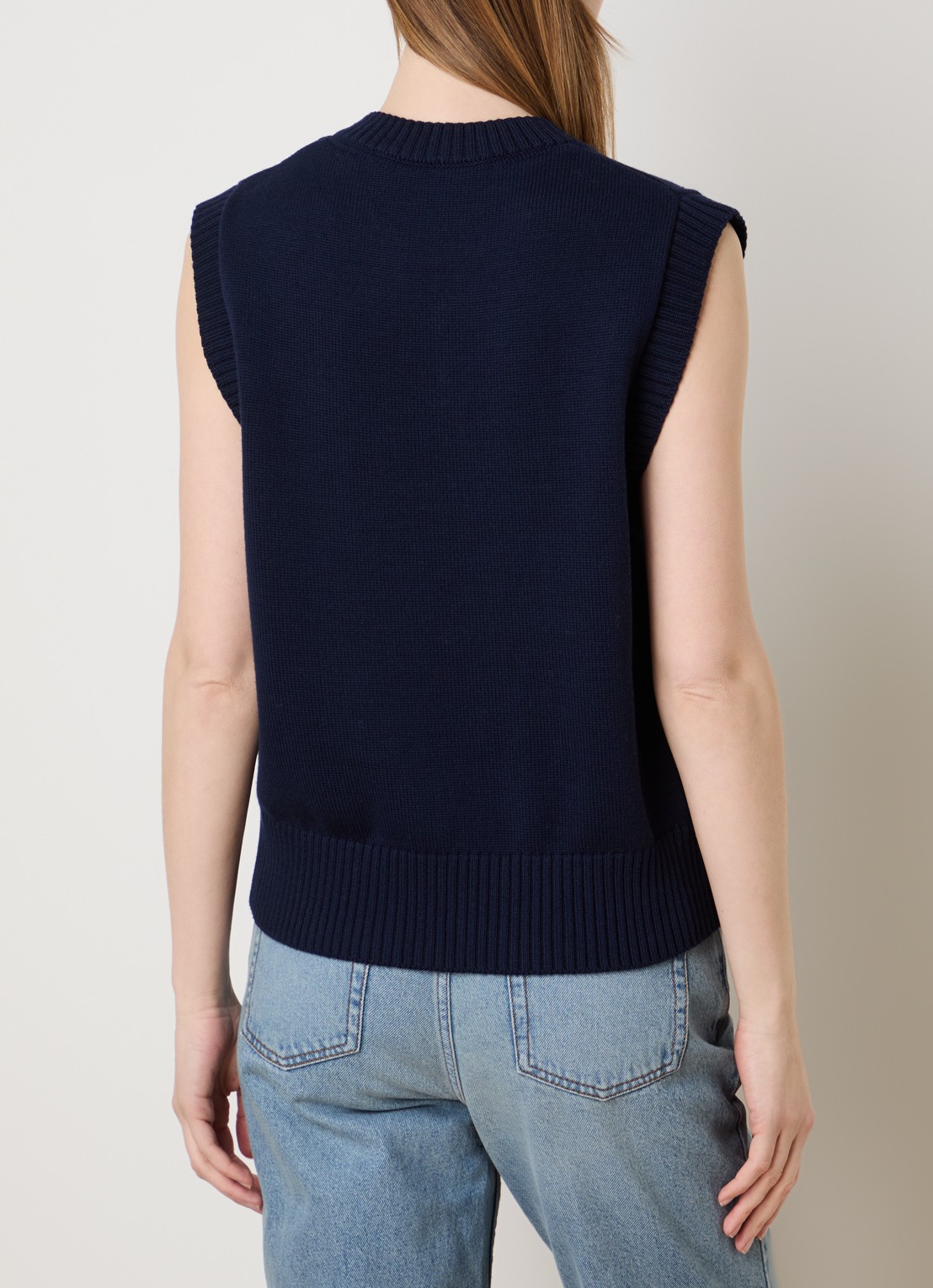 AMI Paris Grofgebreide spencer in scheerwolblend met ingebreid logo - achterkant 6 donkerblauw