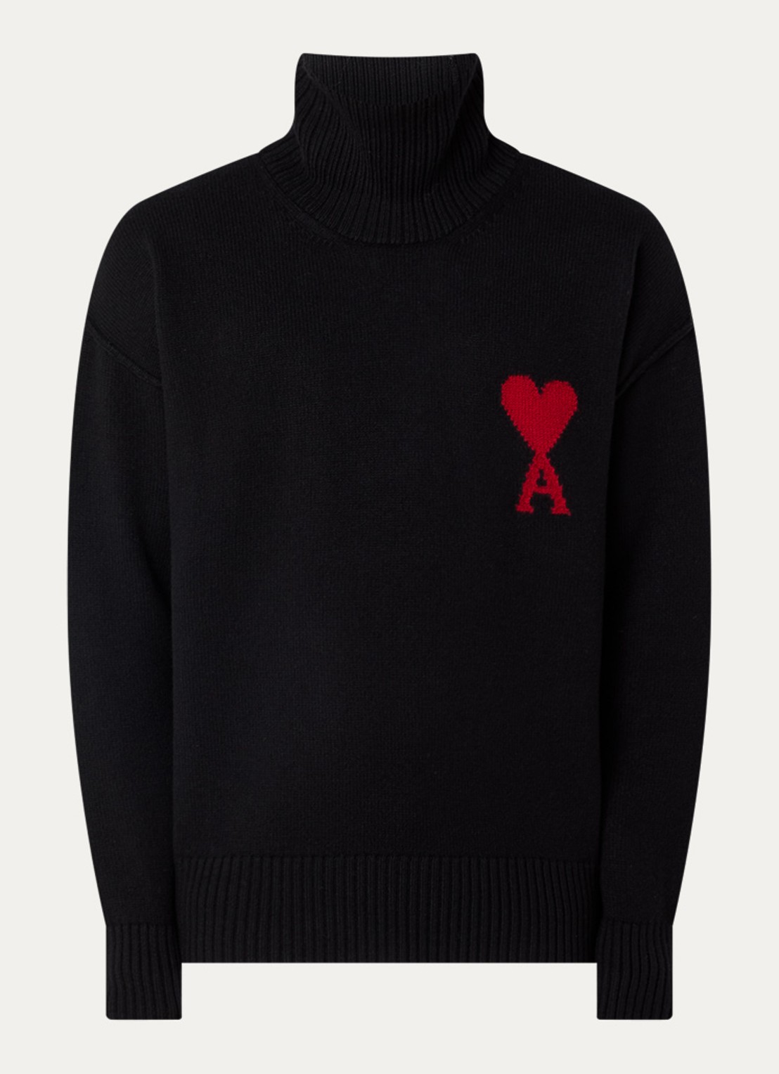 AMI Paris Grofgebreide trui van scheerwol met ingebreid logo - voorkant zwart