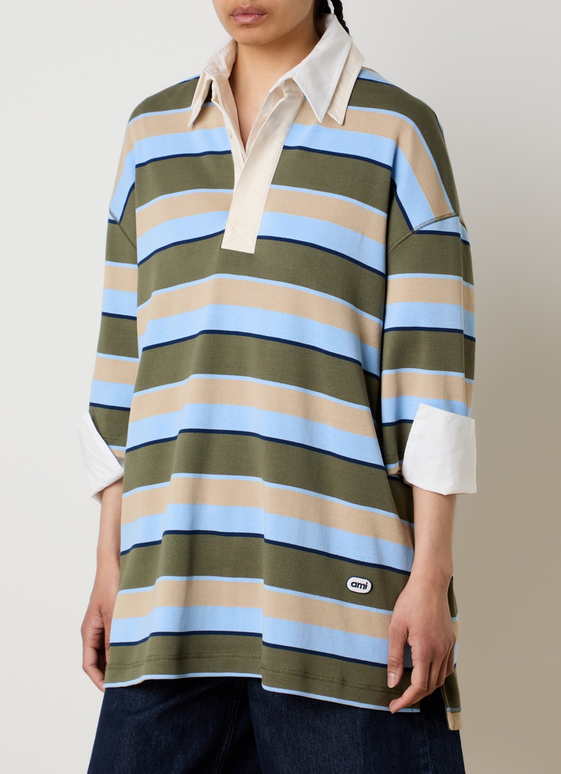 AMI Paris Oversized polo met streepprint - detail 4 mosgroen