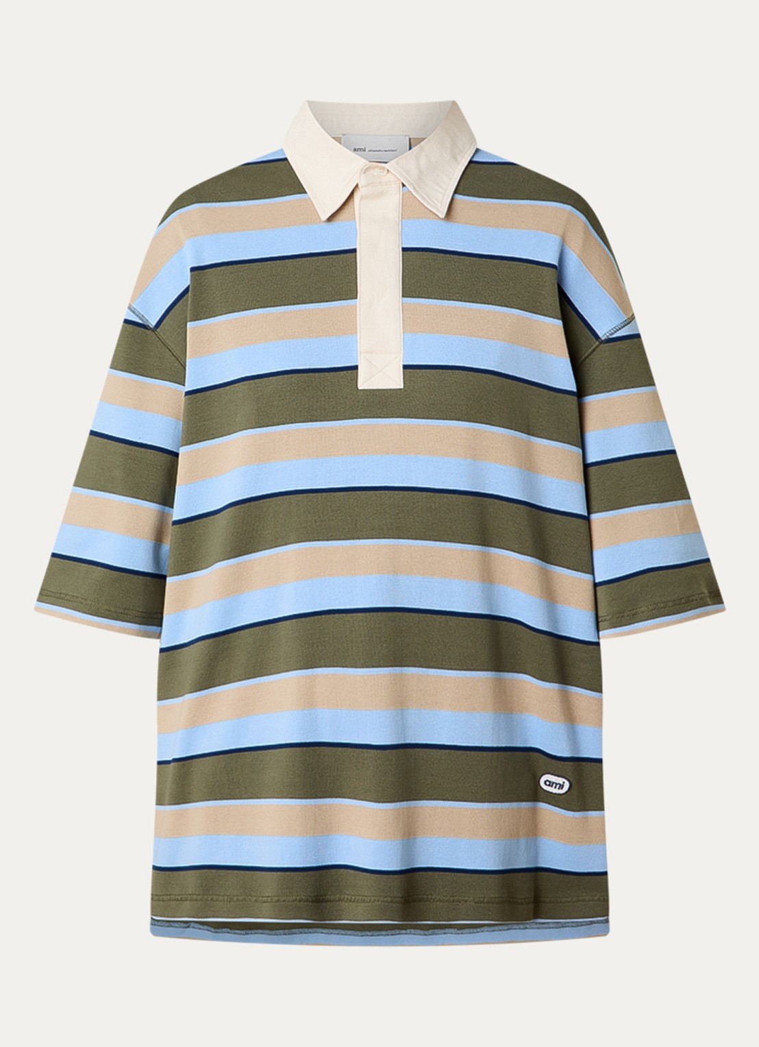 AMI Paris Oversized polo met streepprint - voorkant mosgroen