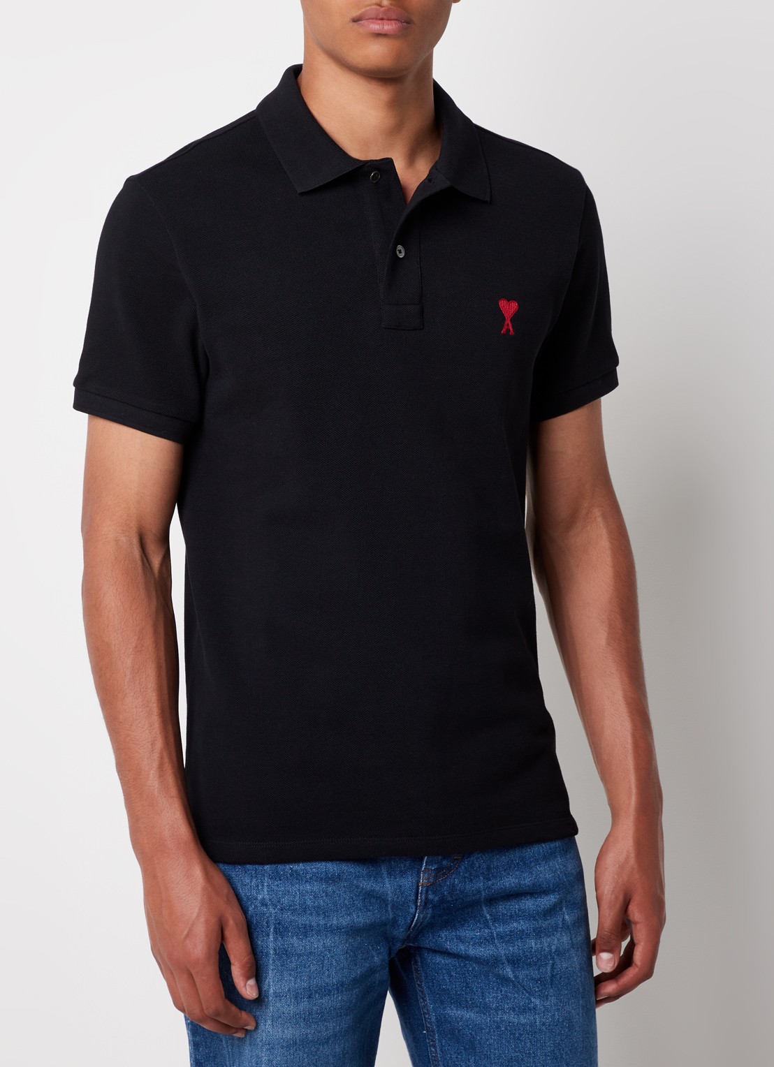 AMI Paris Regular fit polo van  piqué katoen met logo - detail 4 zwart