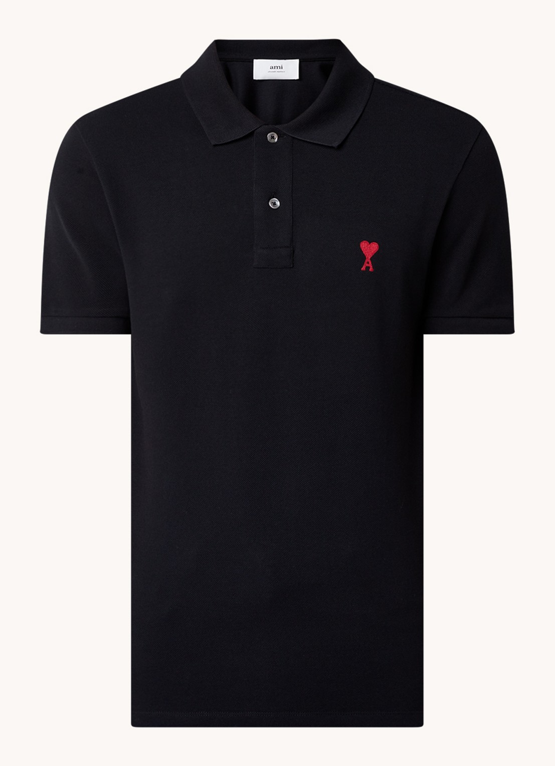 AMI Paris Regular fit polo van  piqué katoen met logo - voorkant 2 zwart