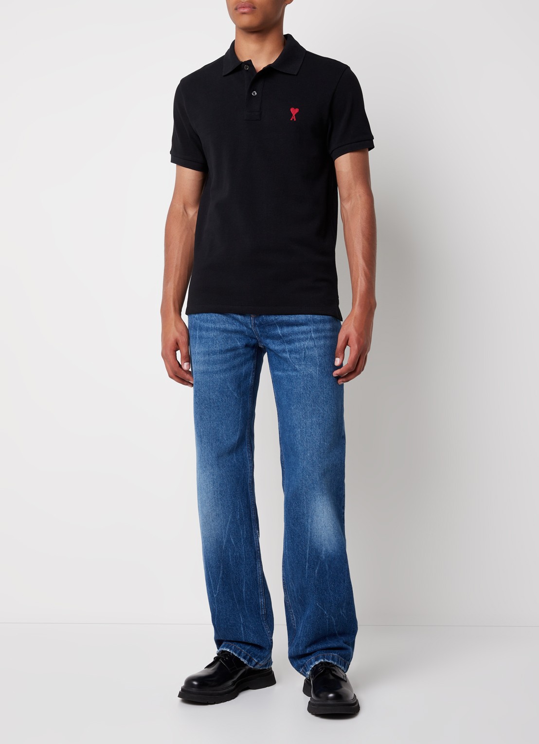 AMI Paris Regular fit polo van  piqué katoen met logo - voorkant 3 zwart
