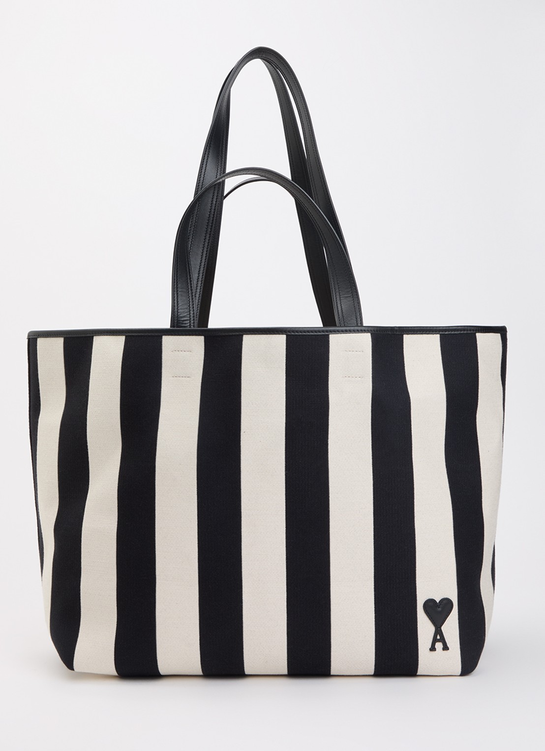 AMI Paris Shopper met streepprint en leren details - voorkant 2 zwart