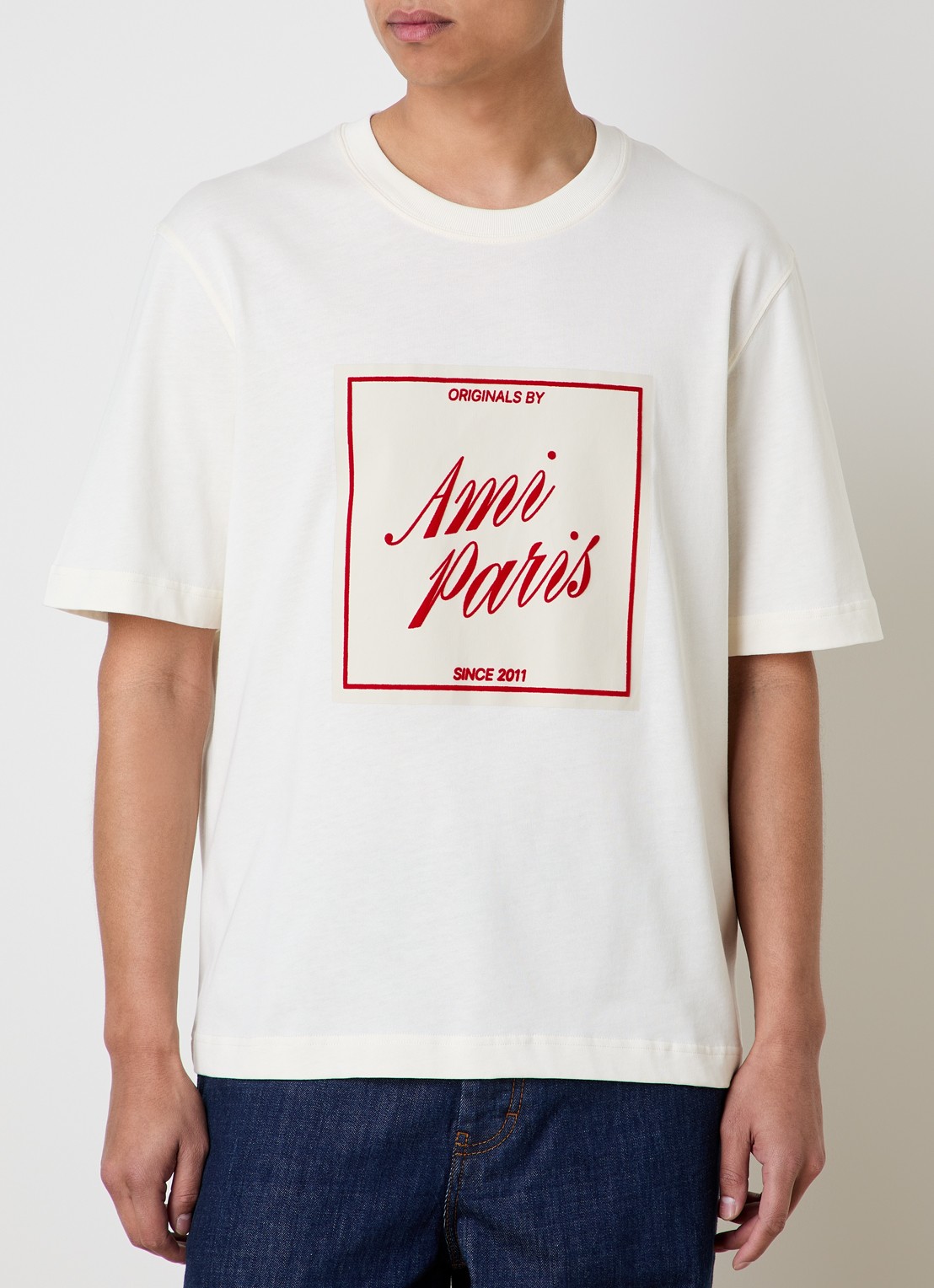 AMI Paris T-shirt met flock logoprint - detail 2 naturel