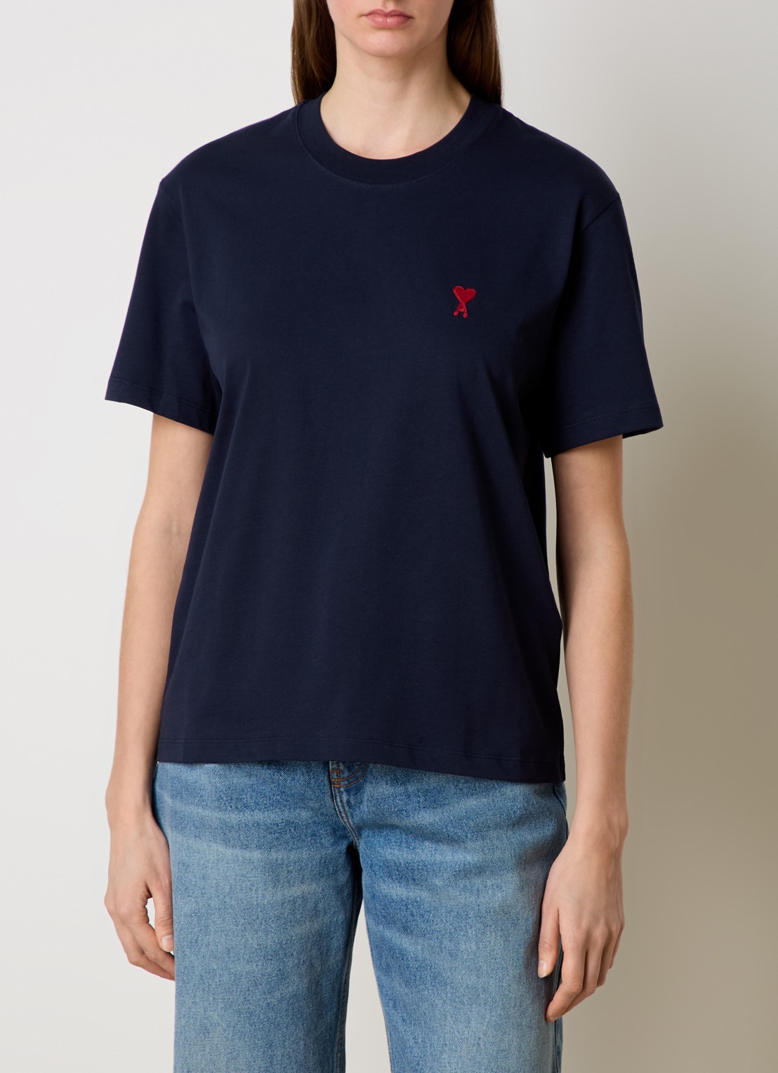 AMI Paris T-shirt van  katoen met logoborduring - detail 2 donkerblauw