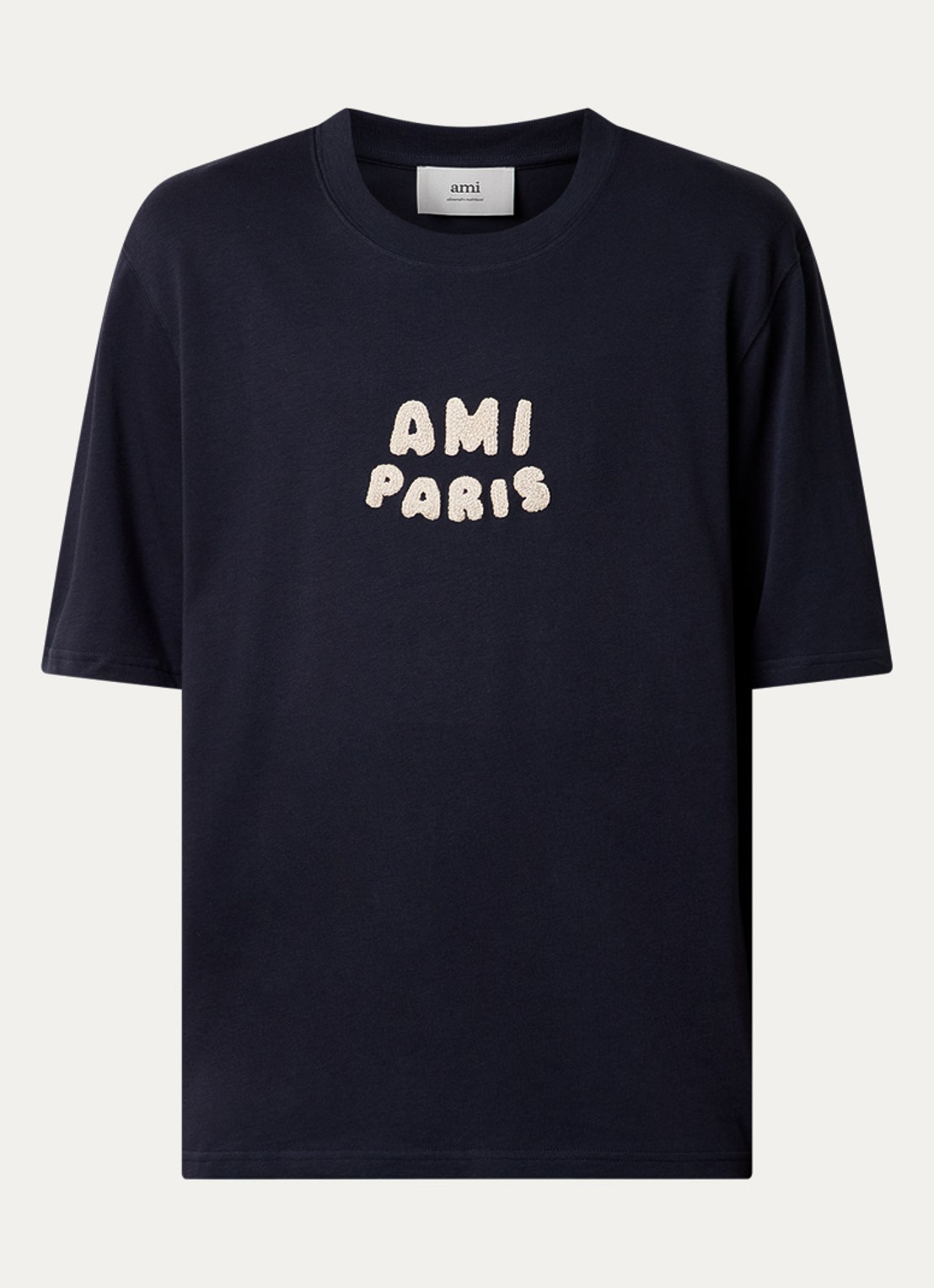 AMI Paris T-shirt van  katoen met logoborduring - voorkant 4 donkerblauw