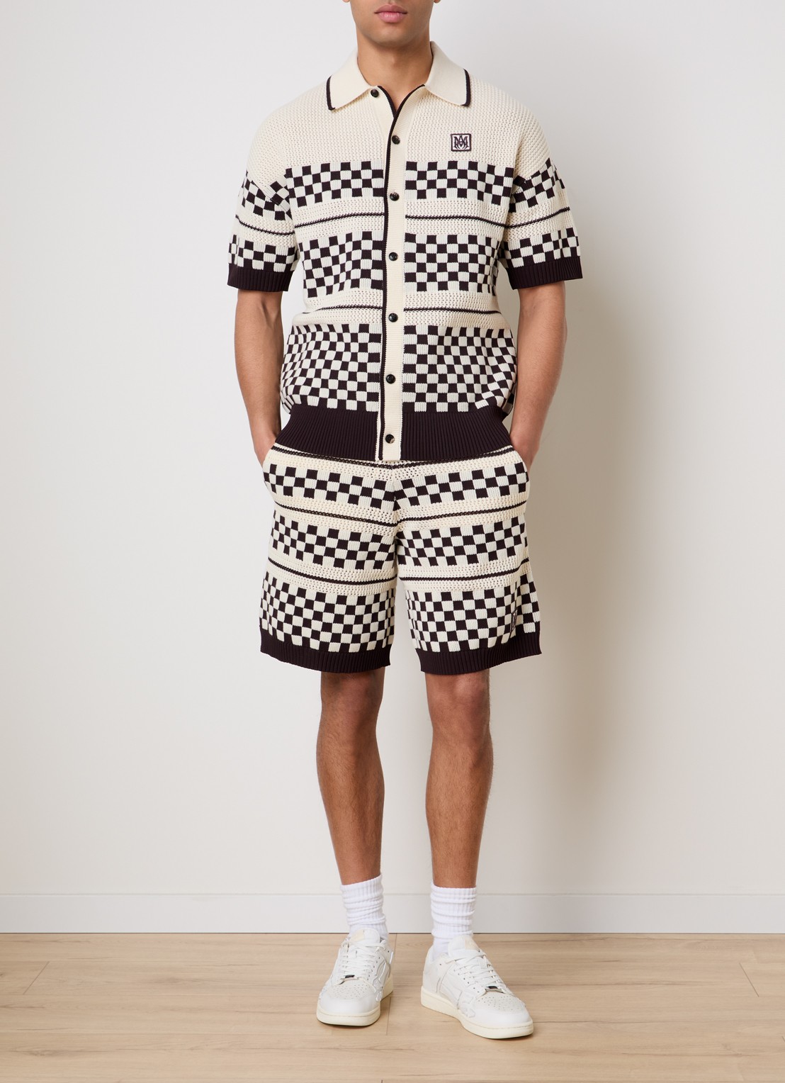 AMIRI Loose fit korte broek in wolblend met ruitdessin - voorkant 2 creme