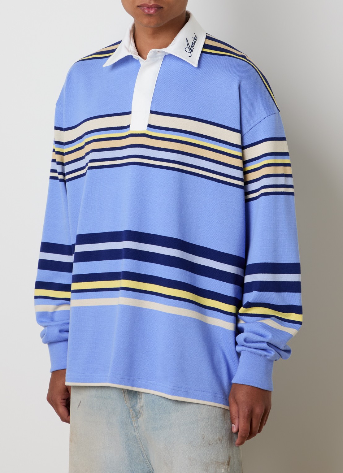 AMIRI Polo met logo en streepprint - detail 4 blauw