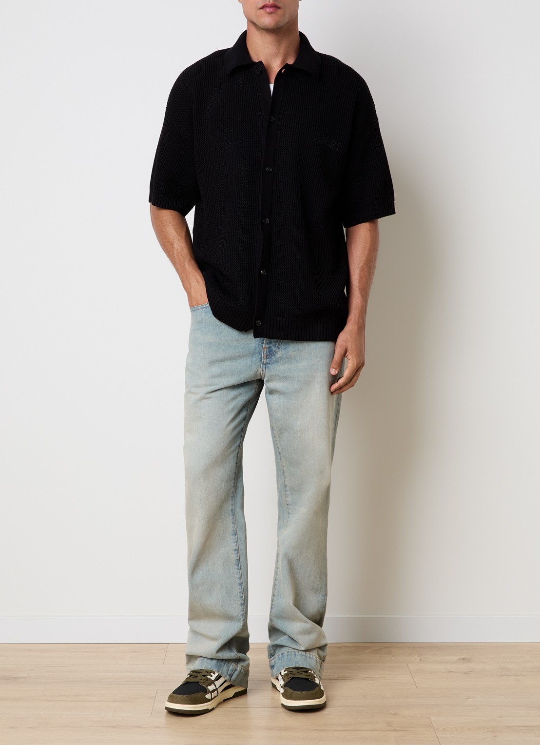 AMIRI Regular fit overhemd met opengewerkt dessin en logoborduring - voorkant 3 zwart