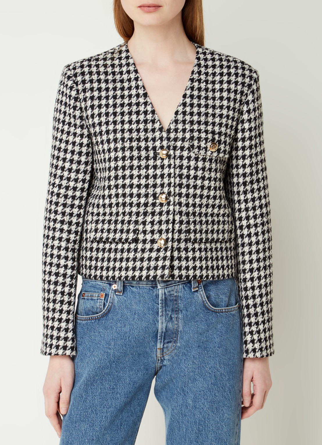 Anine Bing Cara cropped blazer van tweed met pied-de-poule dessin - detail 4 zwart