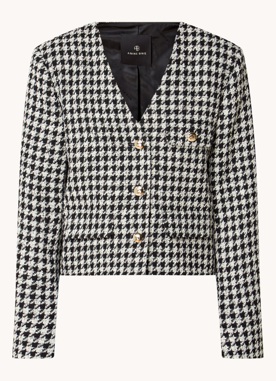 Anine Bing Cara cropped blazer van tweed met pied-de-poule dessin - voorkant zwart
