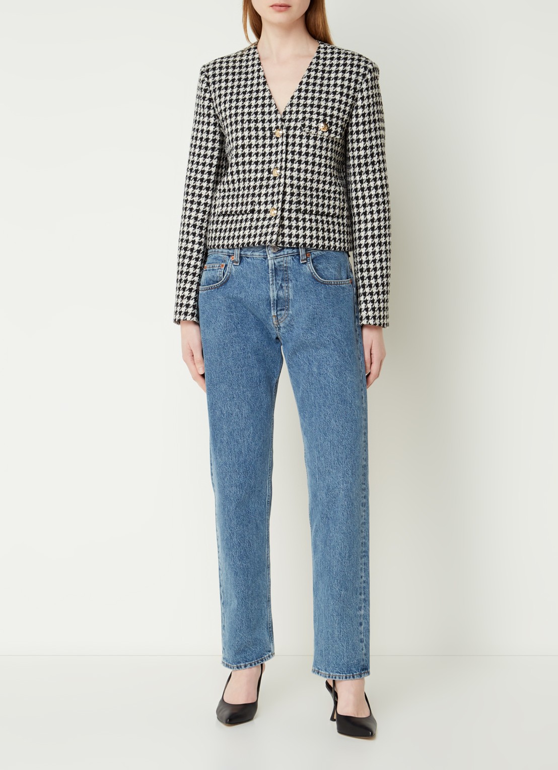 Anine Bing Cara cropped blazer van tweed met pied-de-poule dessin - voorkant 2 zwart