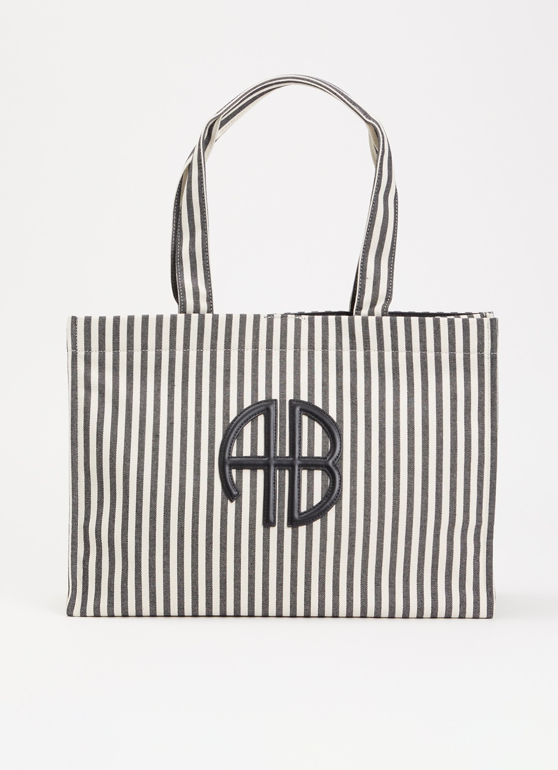 Anine Bing Lara shopper van canvas met streepprint - voorkant gebroken wit