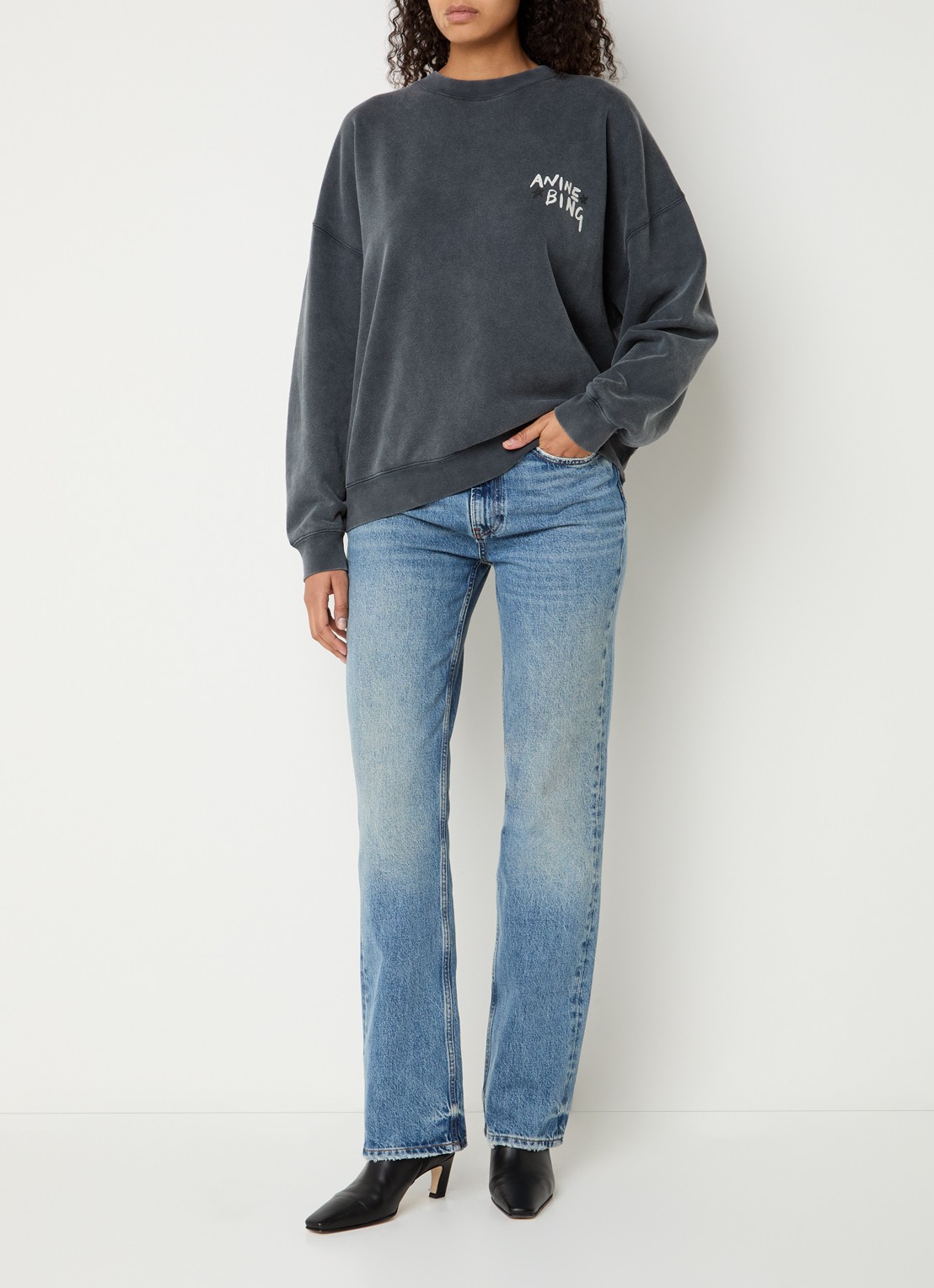 Anine Bing Miles sweater met logo- en backprint - voorkant 2 antraciet