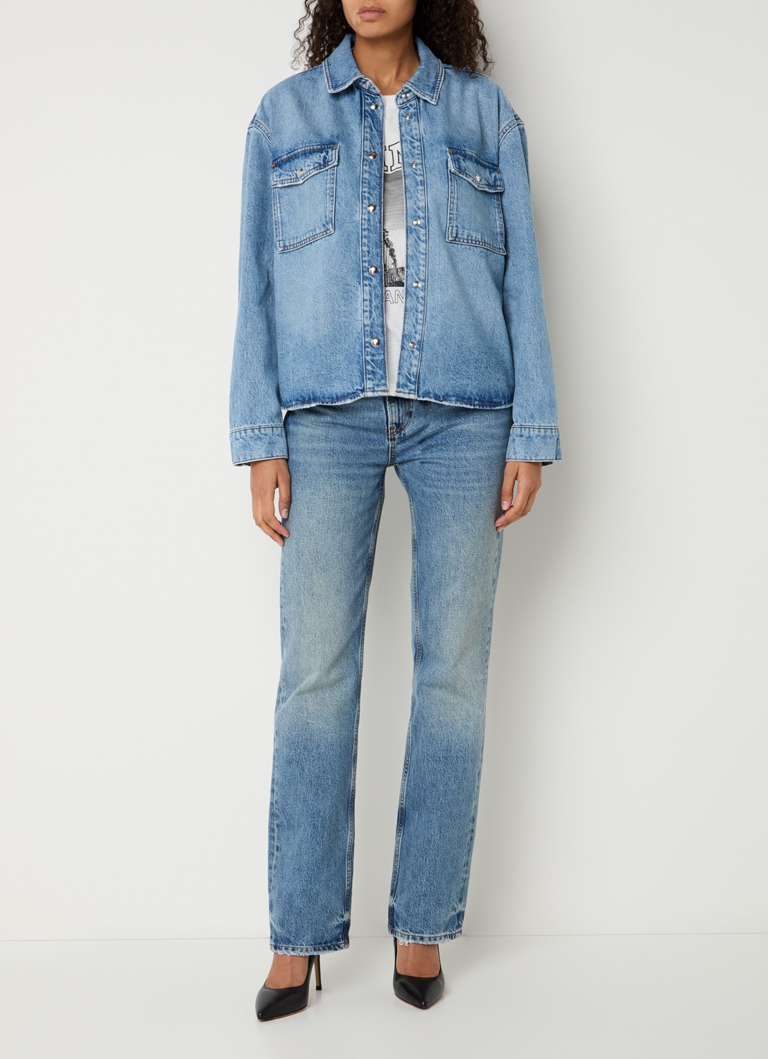 Anine Bing Paxton blouse van denim met borstzakken - voorkant 3 indigo