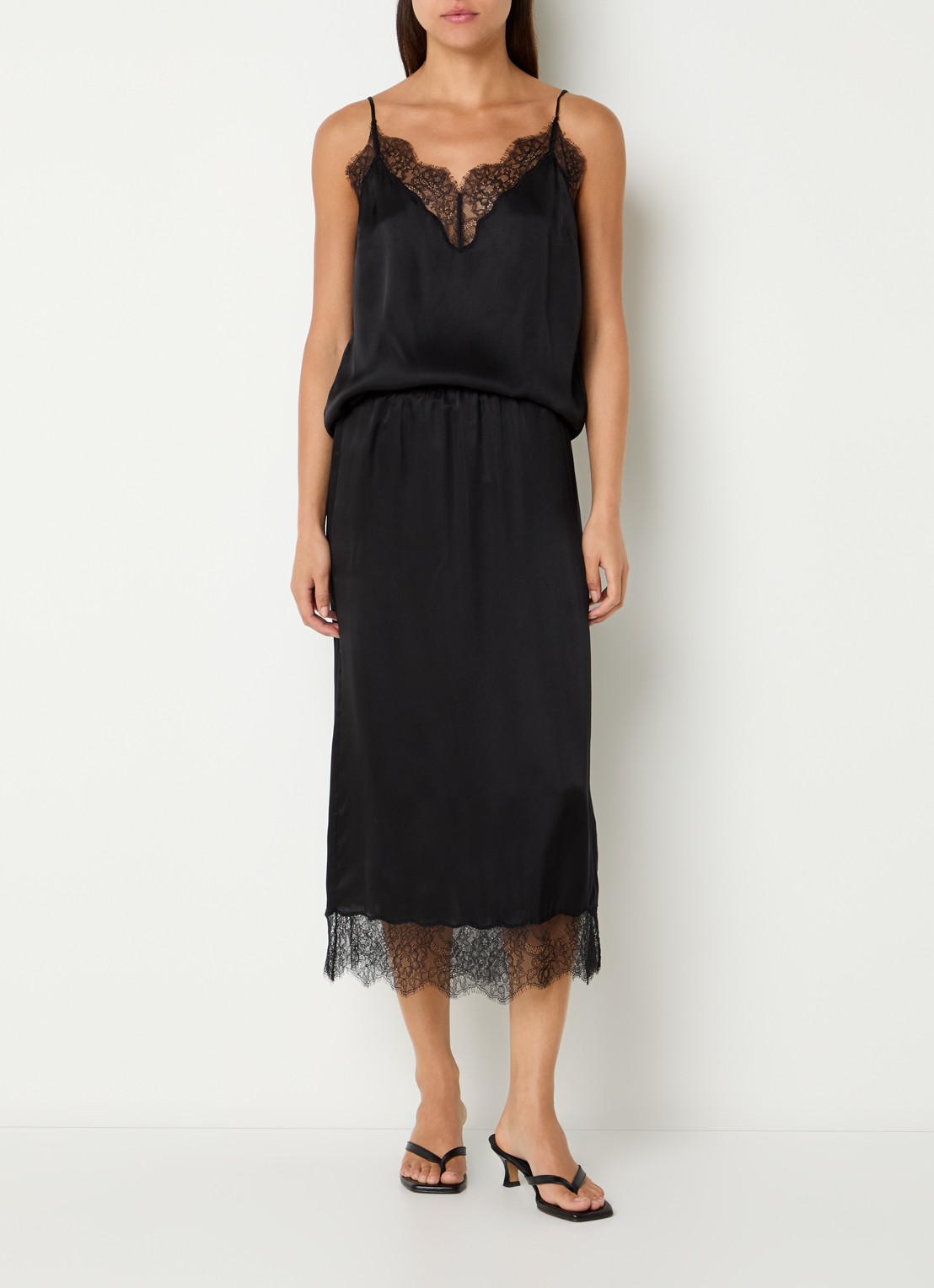 Anine Bing Shelby midi rok in zijdeblend met details van kant - voorkant 4 zwart