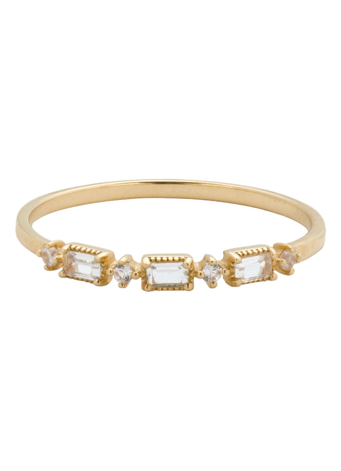 Anna + Nina Baguette ring van 14 karaat geelgoud - voorkant geelgoud