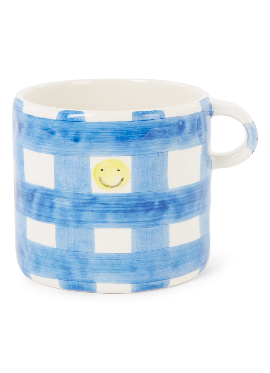 Anna + Nina Checkered Smiley mok 45 cl - voorkant blauw