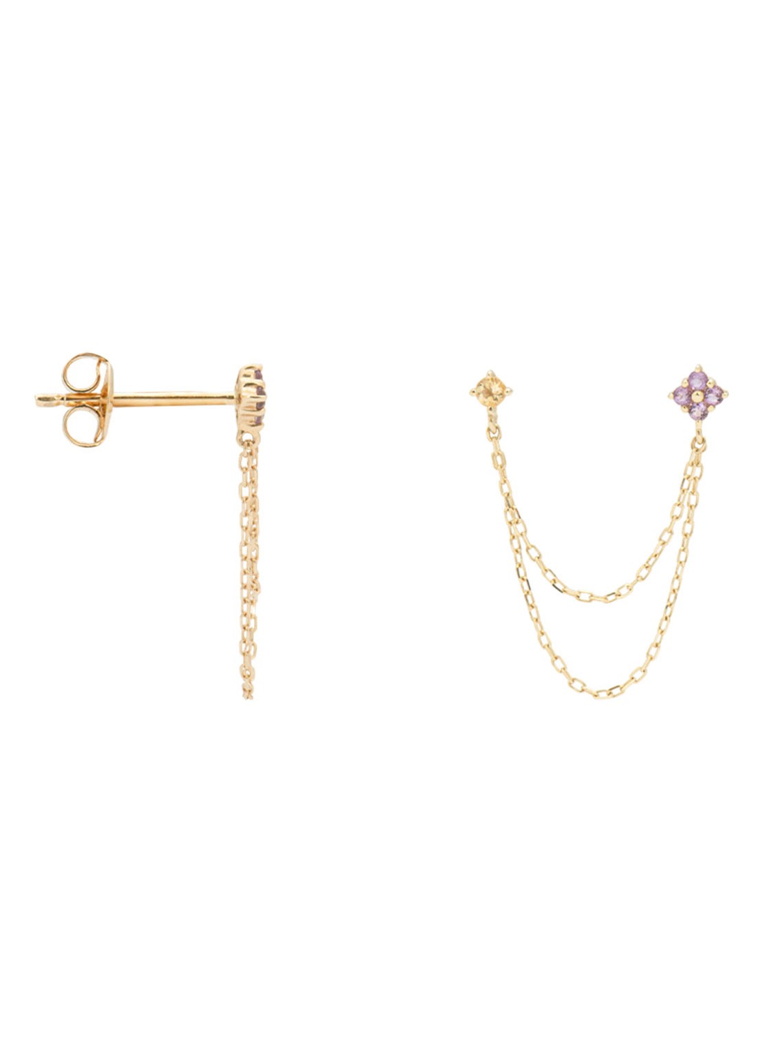 Anna + Nina Single Gilded Chain oorknopjes van 14 karaat geelgoud met amethist en citrien - voorkant geelgoud