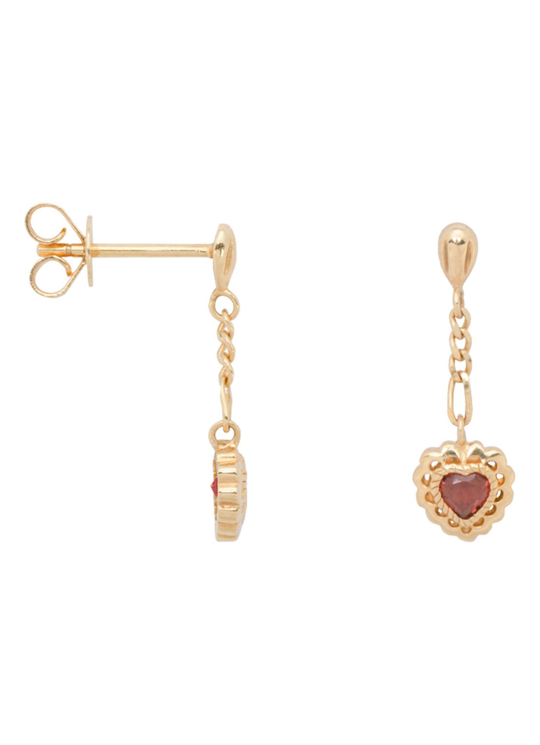 Anna + Nina Single Pure Love oorknopjes van 14 karaat geelgoud met granaat - voorkant geelgoud