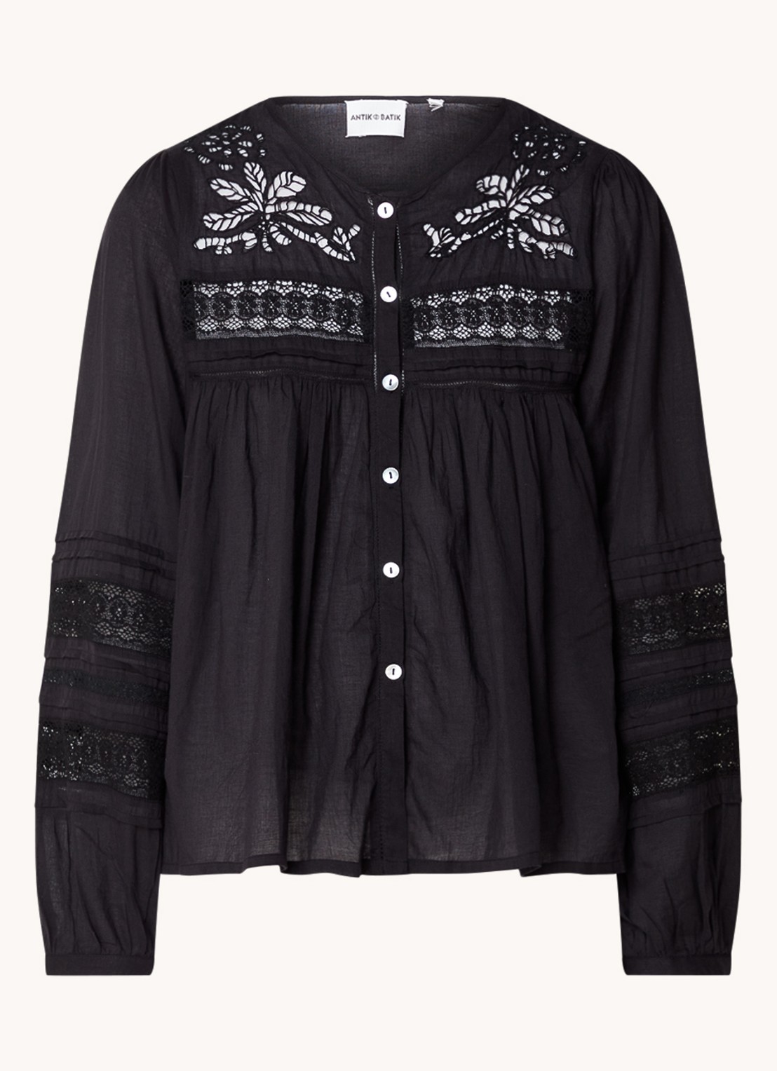 Antik Batik Aloha blouse met ballonmouw en details van kant - voorkant 2 zwart
