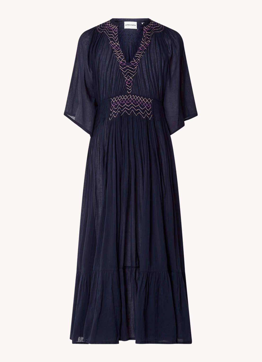 Antik Batik Ayo gelaagde maxi jurk met plissé en borduring - voorkant 3 donkerblauw