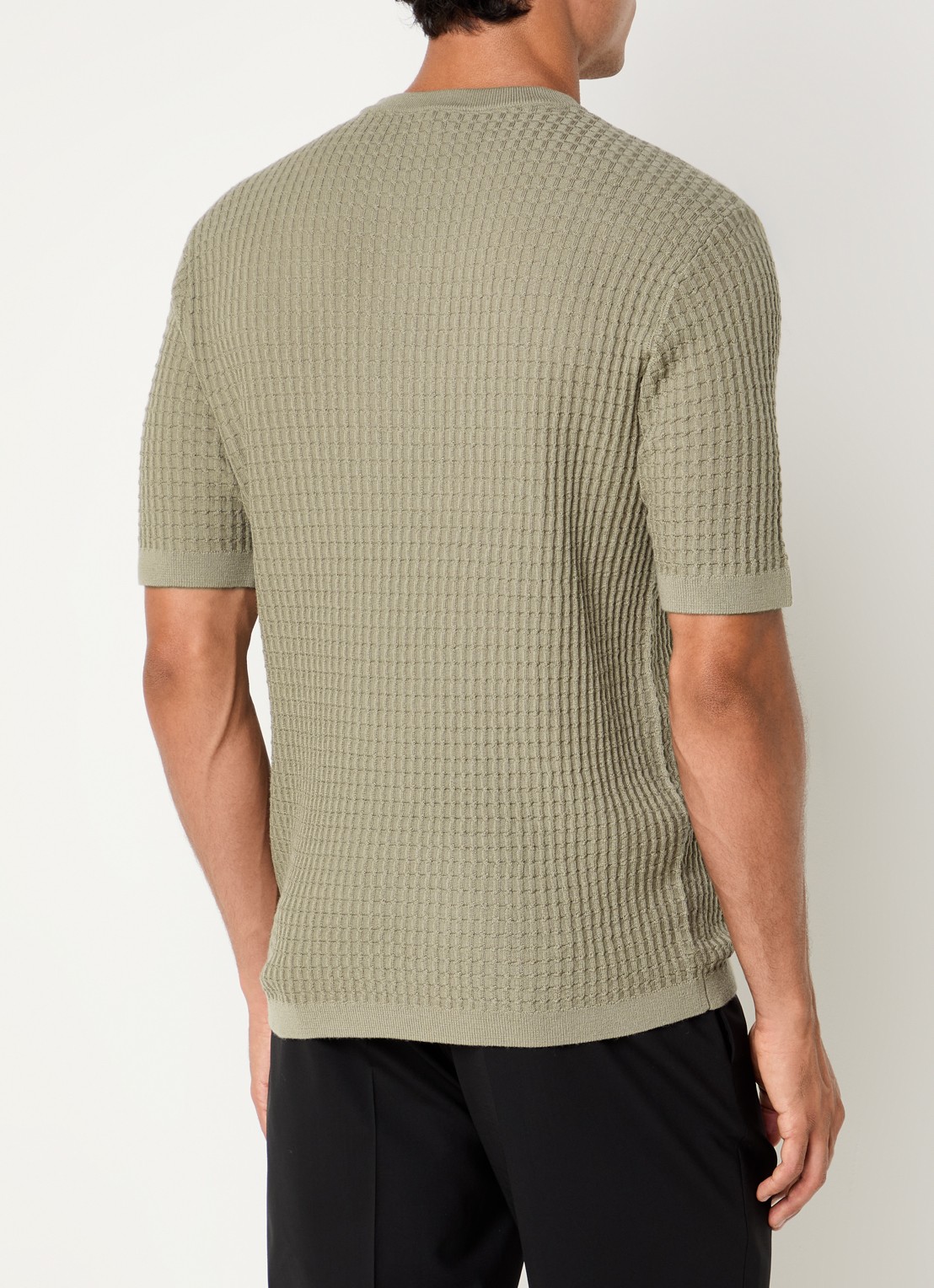 Armani Fijngebreid T-shirt van wol met structuur - achterkant khaki