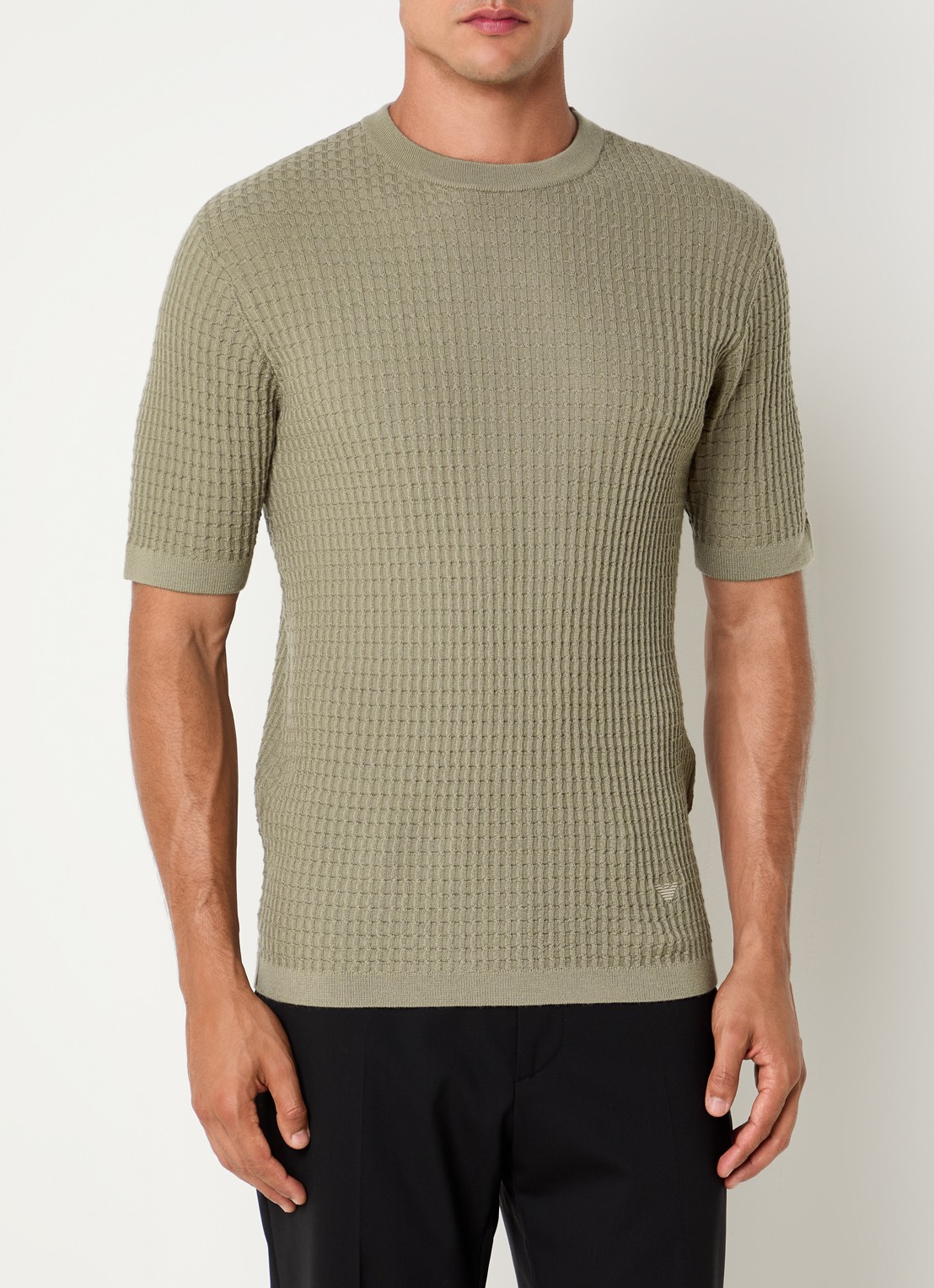 Armani Fijngebreid T-shirt van wol met structuur - detail 4 khaki