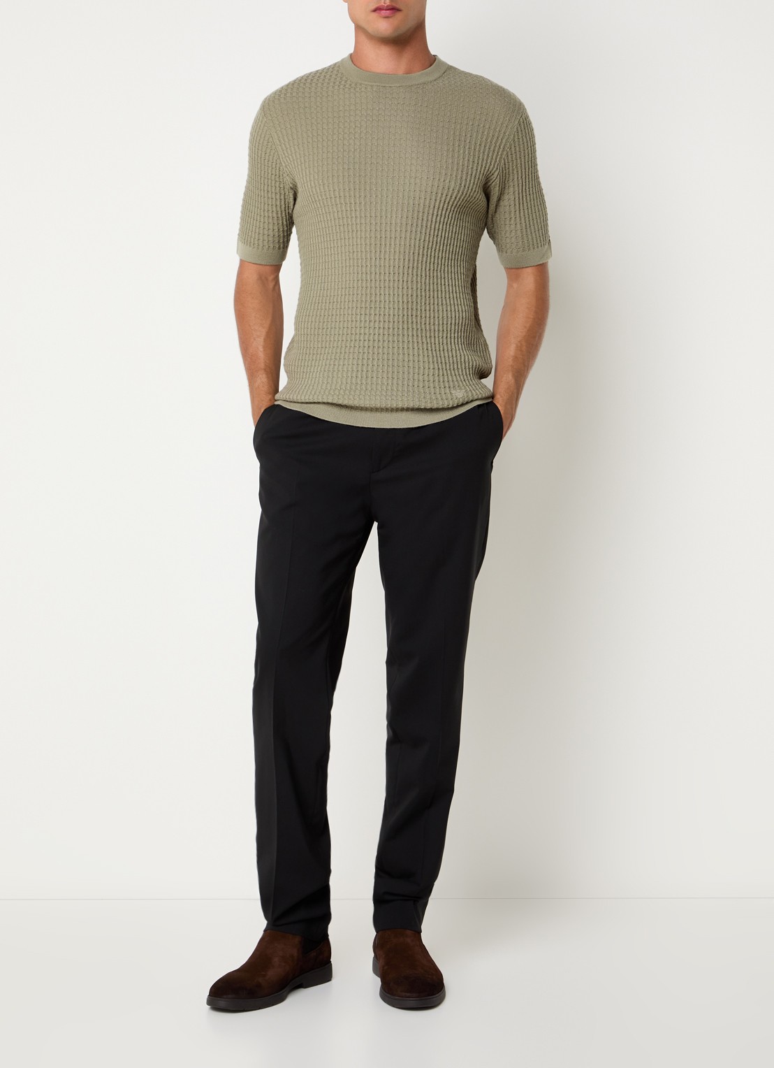 Armani Fijngebreid T-shirt van wol met structuur - voorkant 3 khaki