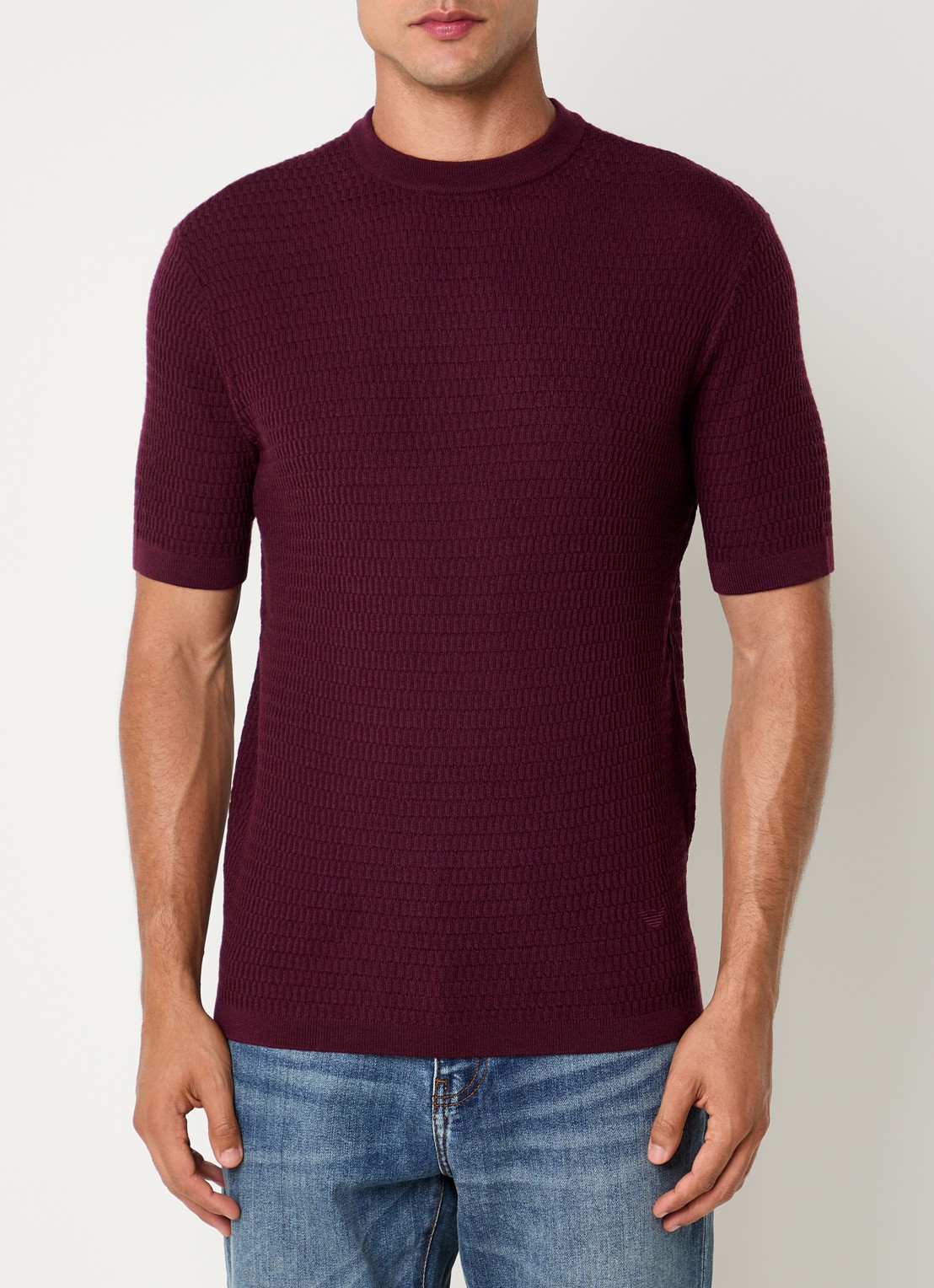 Armani Fijngebreid T-shirt van wol met structuur - detail grijsmele