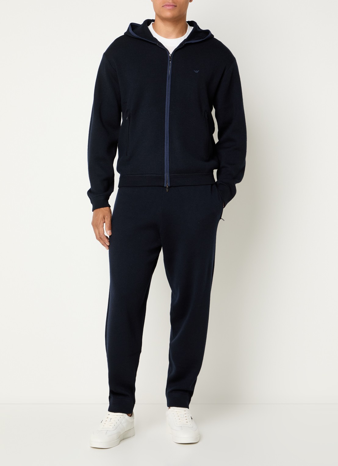 Armani Fijngebreid vest met capuchon en logo - voorkant 4 donkerblauw