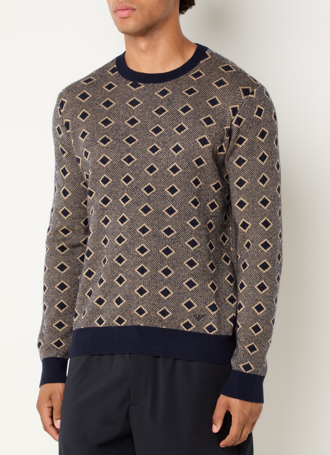 Armani Fijngebreide pullover in kasjmierblend met ingebreid patroon - detail donkerblauw