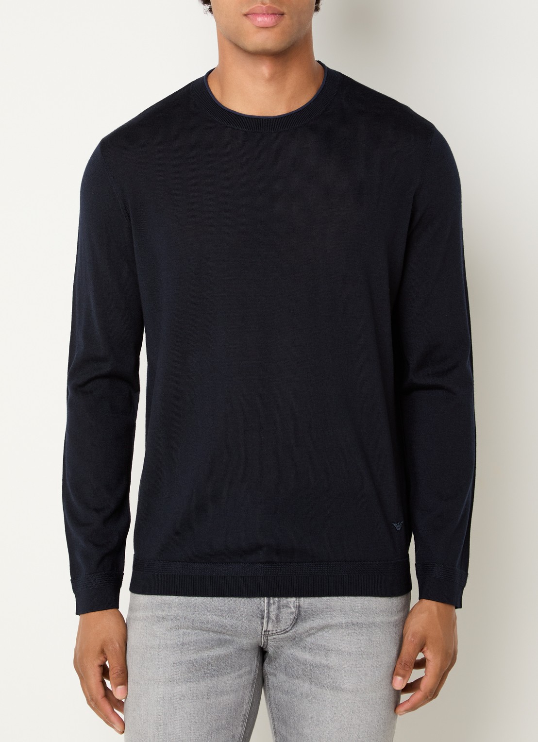 Armani Fijngebreide pullover in wolblend - detail donkerblauw