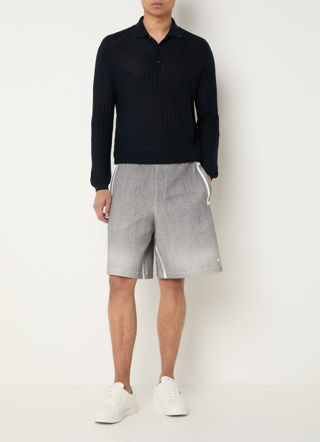 Armani Fijngebreide pullover in zijdeblend met kraag - voorkant 2 donkerblauw