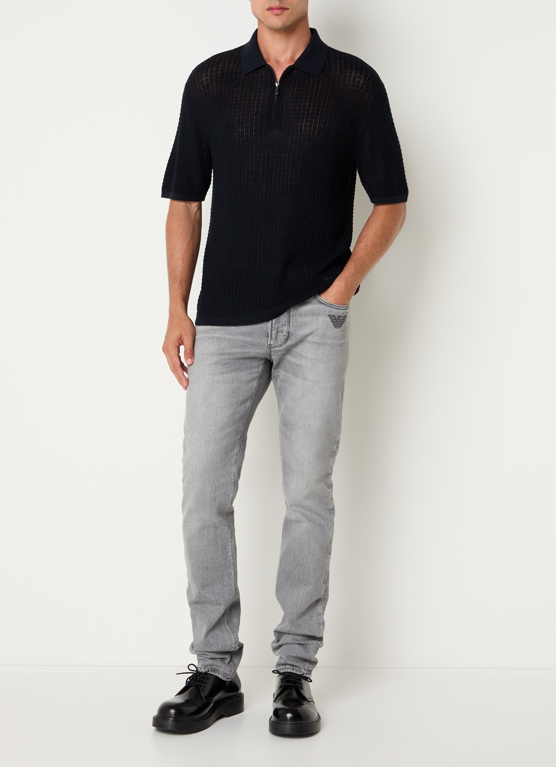Armani Fijngebreide pullover in zijdeblend met polokraag - voorkant 3 donkerblauw