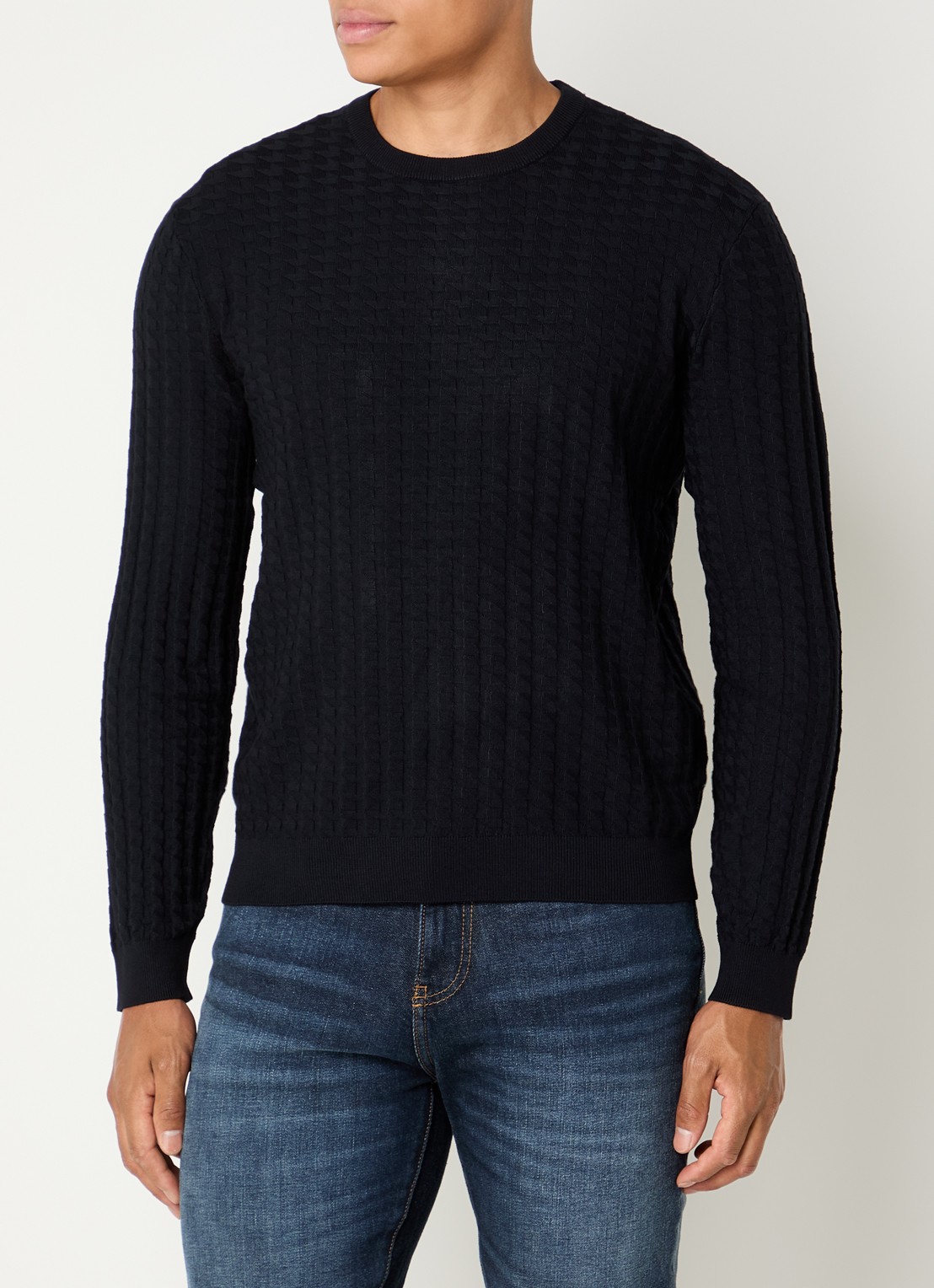 Armani Fijngebreide pullover met structuur - detail 3 donkerblauw